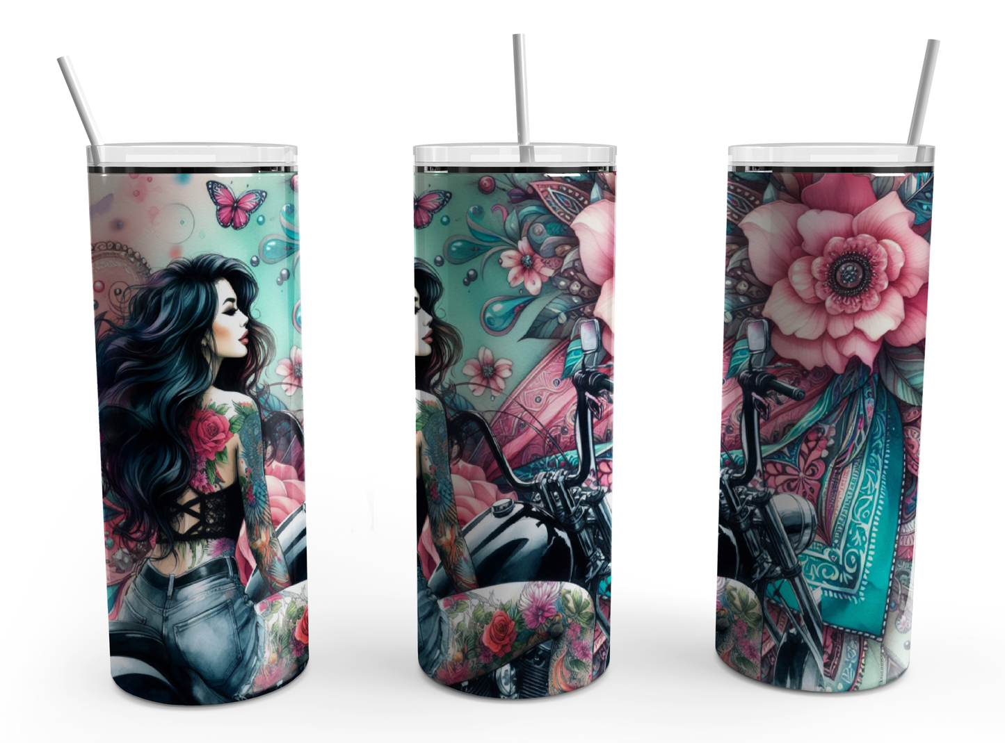 Beautiful Badass style Chick on motorbike 20oz Design