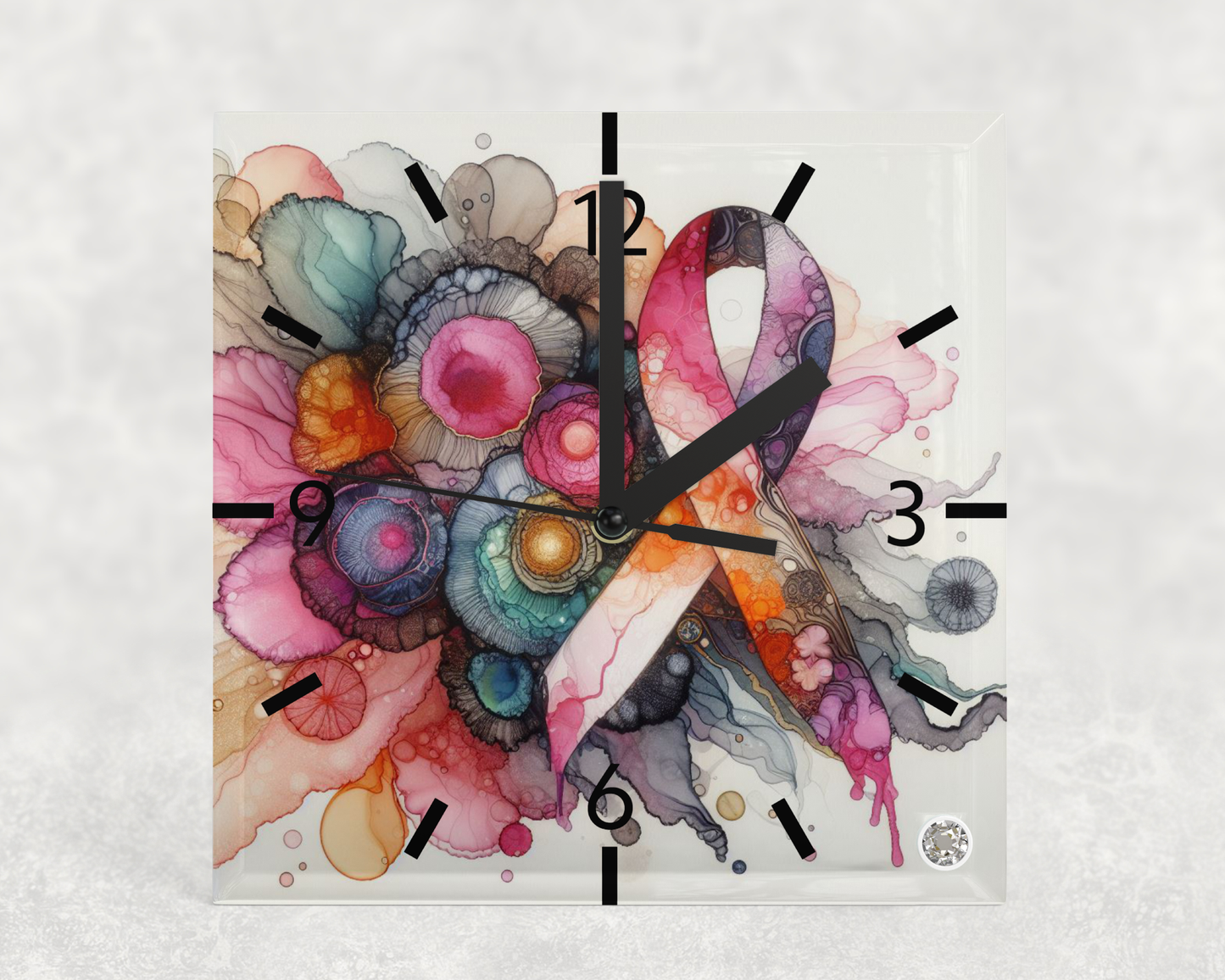 Clock.Beautiful Soft Alcohol Ink Support Breast Cancer Design