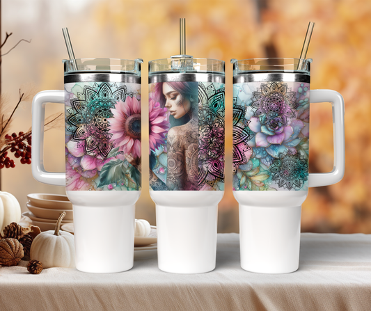 40oz Pink Sunflower Boho Design