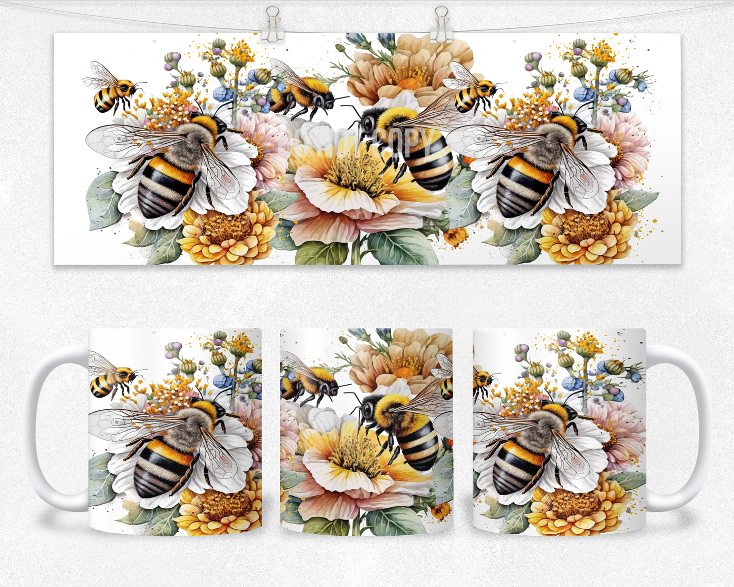 Beautiful Bright Bee floral mug Design