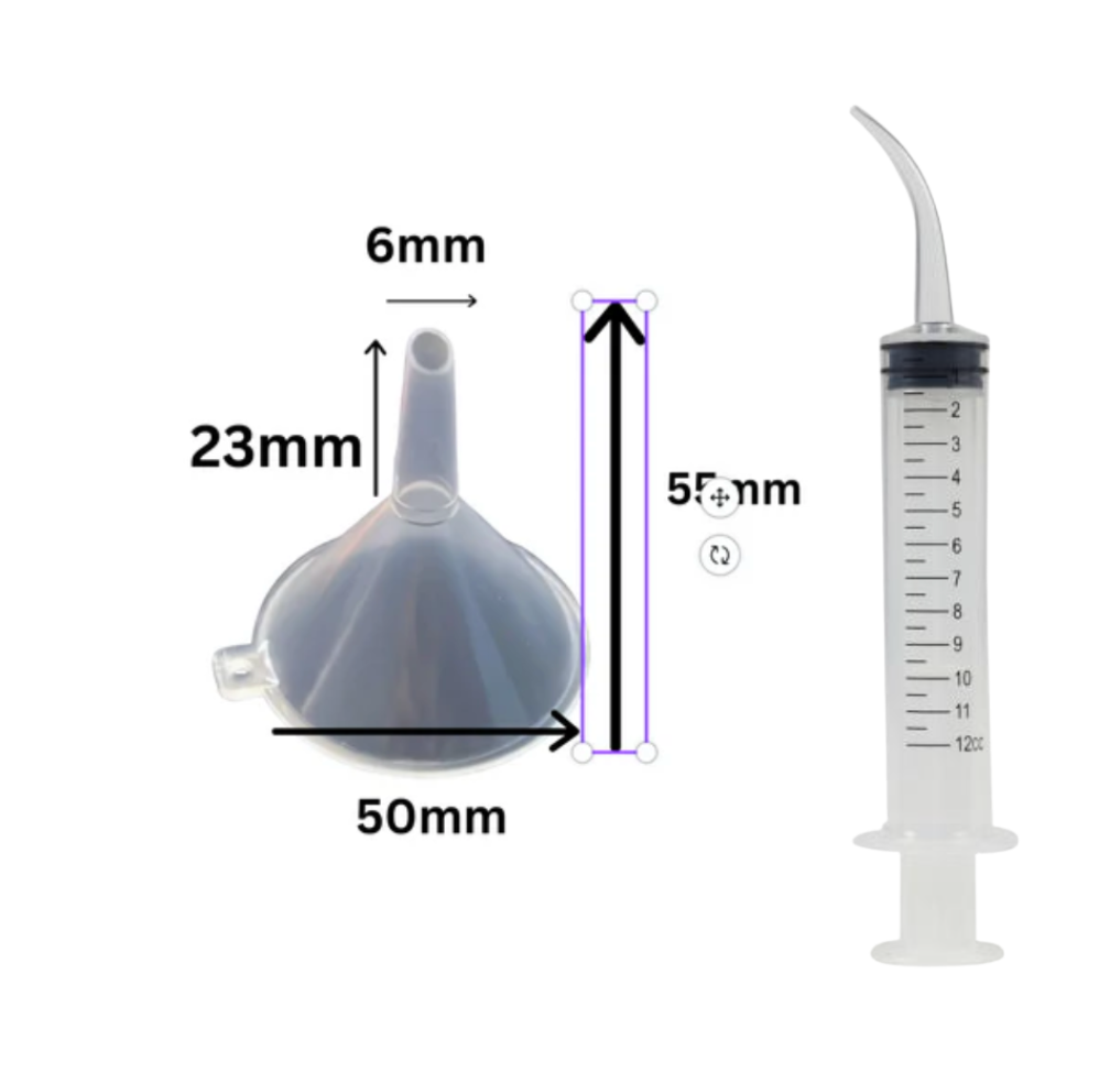 Funnel small for snow globe craft + syringe with curve end