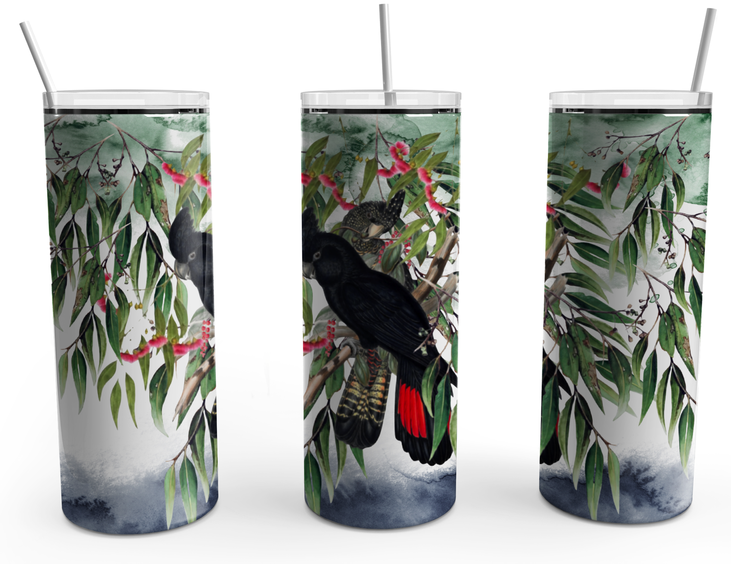 Black Cockatoos with Native floral Background.