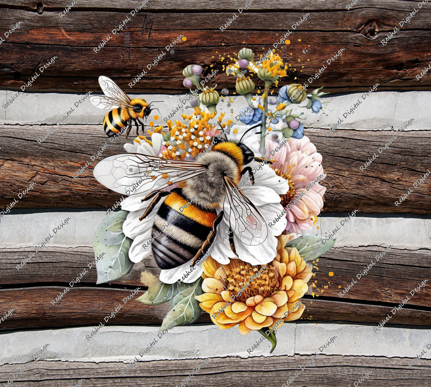Bee Design Floral on Wood